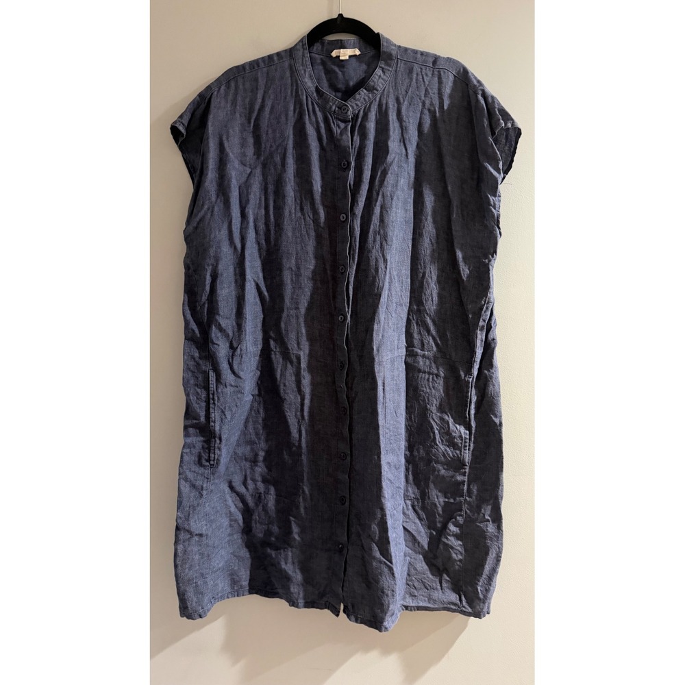 Eileen Fisher Shirt Dress Womens XL Navy Blue Excellent Organic Linen Sleeveless